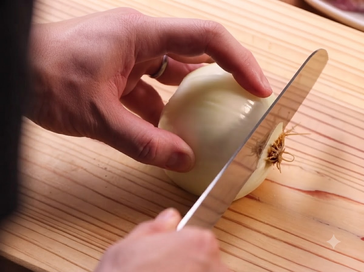 Un oignon en cours de découpe en fines lanières avec un couteau sur une planche à découper en bois.