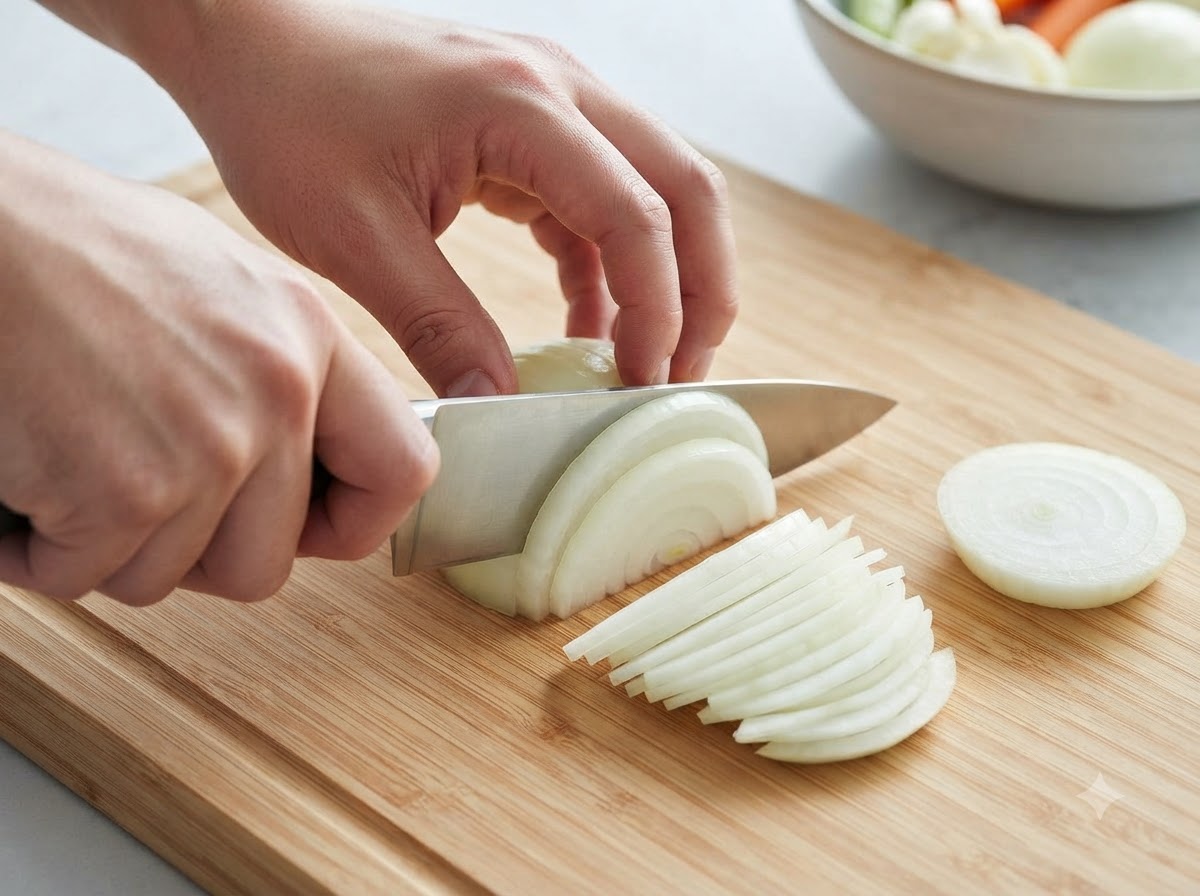 Une carotte coupée en morceaux irréguliers avec un couteau de cuisine sur une planche en bois.