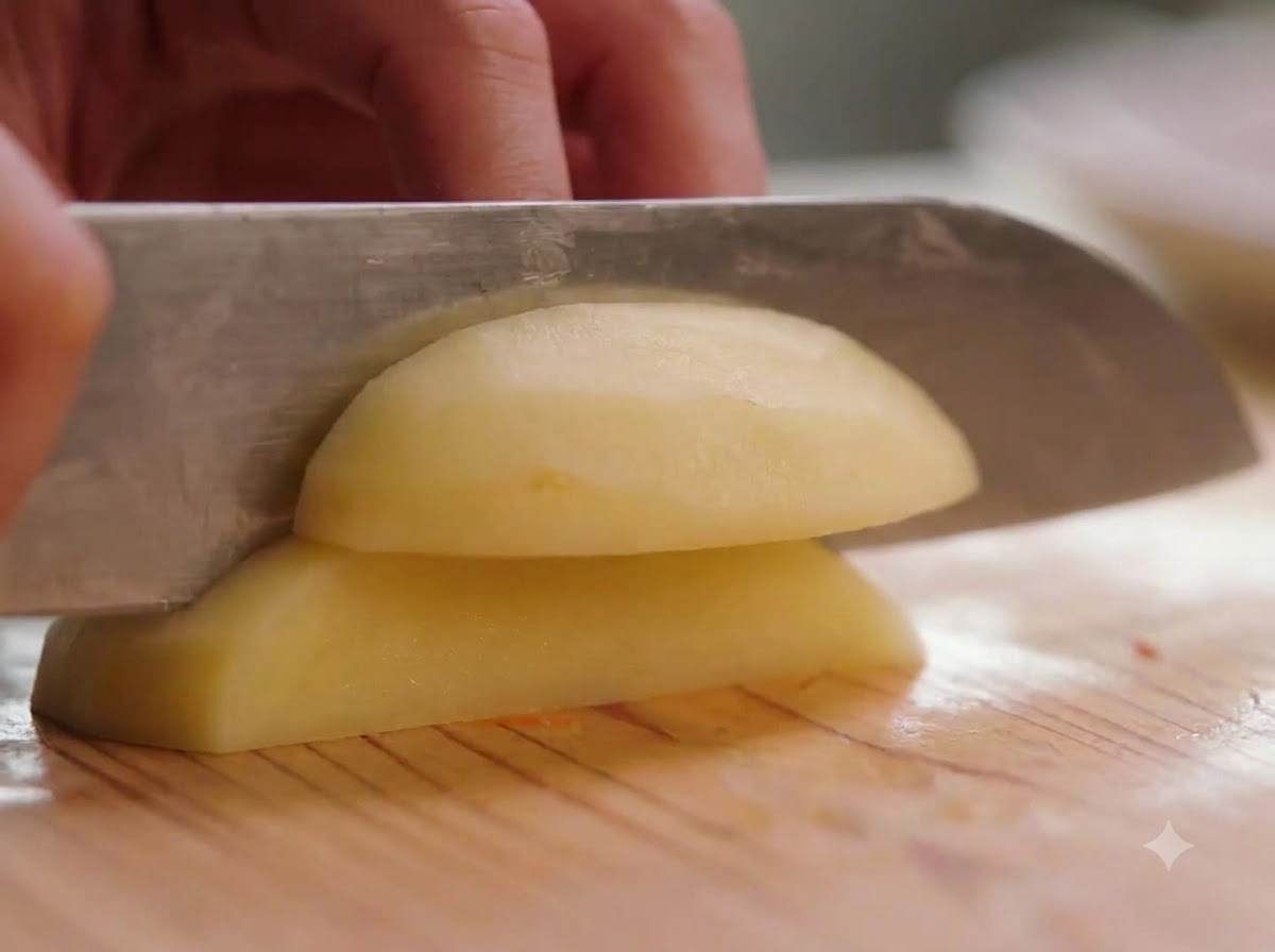 Une pomme de terre pelée coupée en petits morceaux sur une planche à découper en bois avec un couteau bien aiguisé.