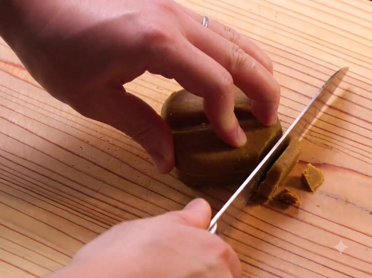 Un couteau coupant des blocs de curry japonais sur une planche à découper en bois.