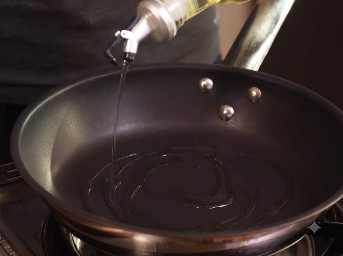 Des morceaux de poulet marinés ajoutés dans une poêle chaude avec de lhuile pour être frits.