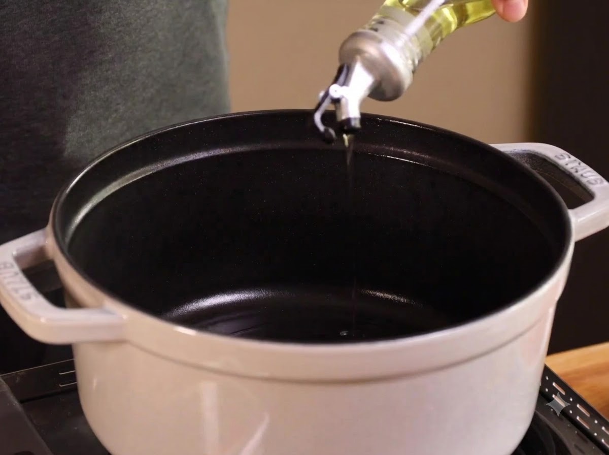 De lhuile versée dans une cocotte blanche pour la faire chauffer.