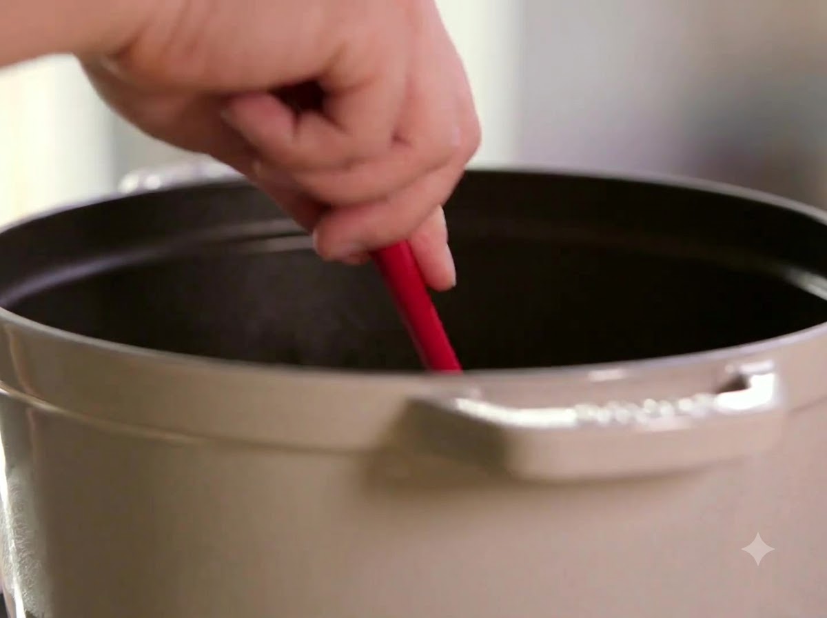 Une spatule rouge remuant des oignons émincés dans une cocotte.