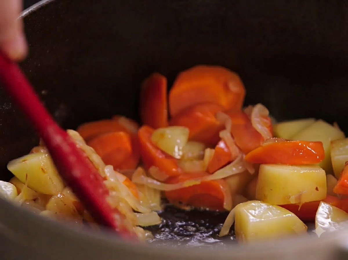 Des morceaux de poulet poêlés ajoutés dans la cocotte avec les légumes.