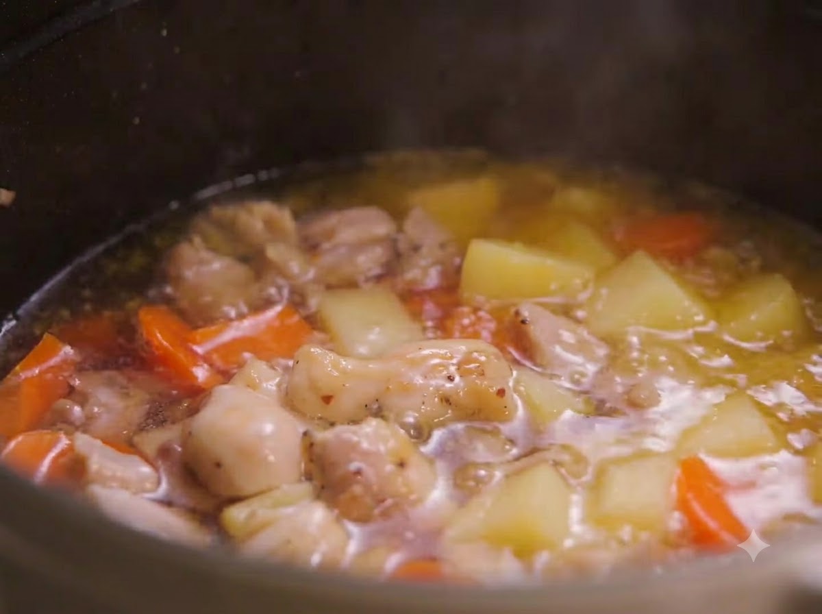 Un bouillon frémissant dans une cocotte avec du poulet, des pommes de terre et des carottes pendant que le curry se dissout.