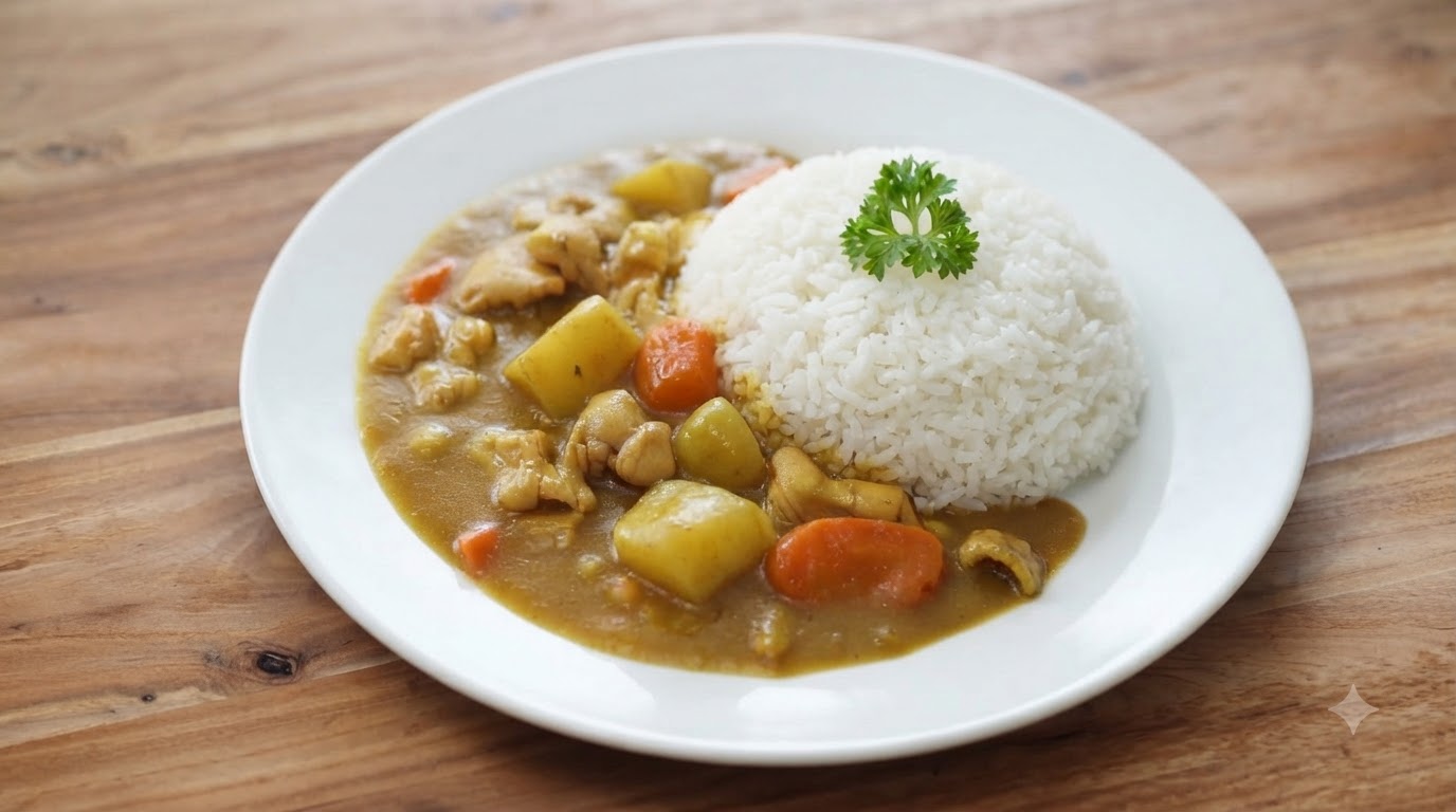 Une assiette de curry de poulet et riz japonais avec une sauce dorée et brillante nappant des morceaux de poulet tendres, des pommes de terre et des carottes, servie à côté dun dôme de riz blanc et garnie de persil.