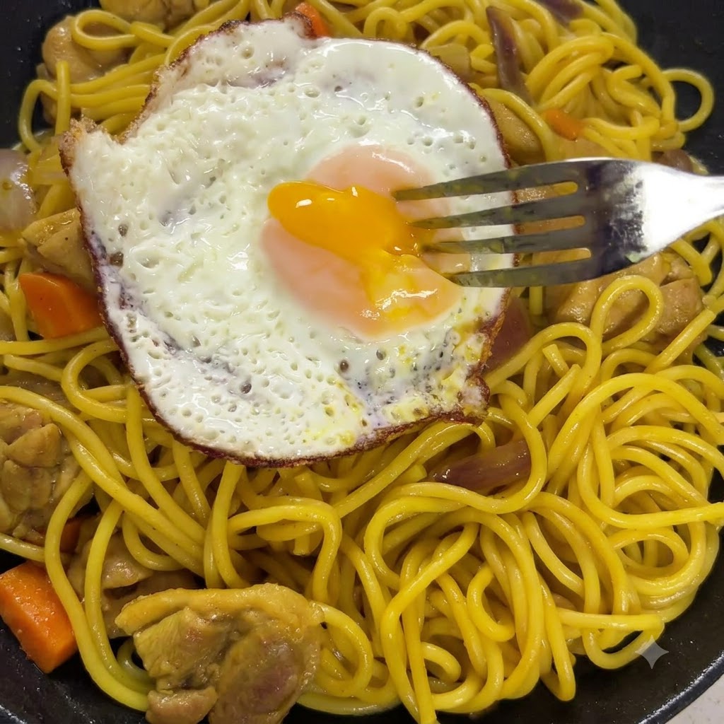 Nouilles soulevées et mélangées avec une sauce au curry épaisse dans la poêle.