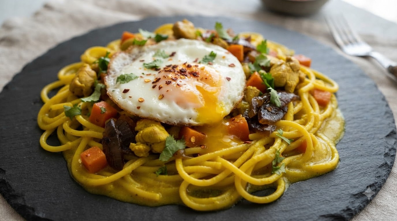 Pâtes au Poulet et au Curry Façon One-Pan et Œuf au Plat Coulant