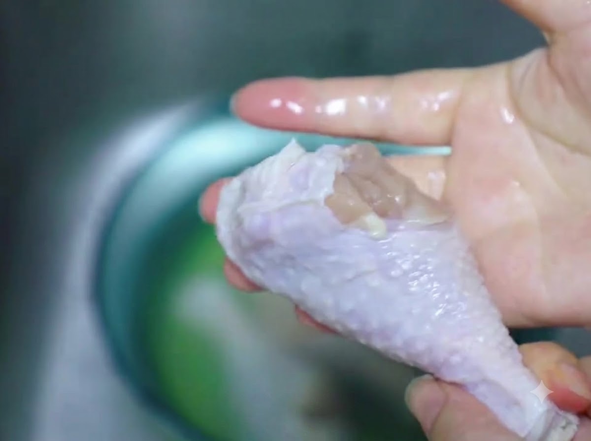 Un pilon de poulet décongelé essuyé avec une serviette en papier.