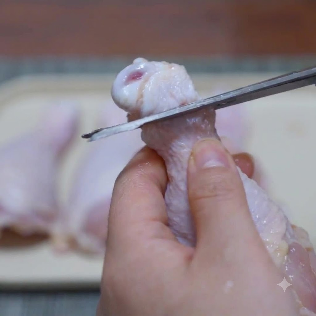 Utilisation de ciseaux de cuisine pour couper autour de larticulation dun pilon de poulet en vue du désossage.
