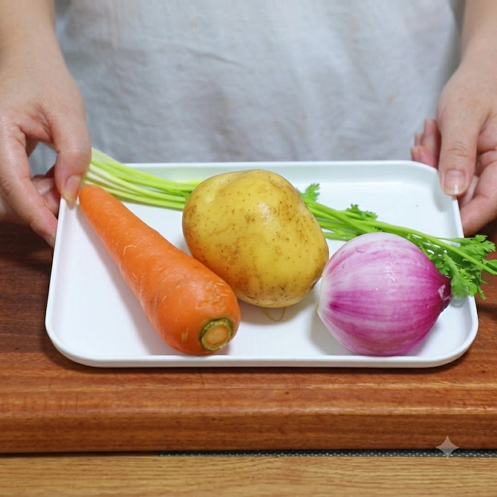Une pomme de terre entière, une carotte, un oignon et de la coriandre disposés sur un plateau blanc prêts à être découpés.