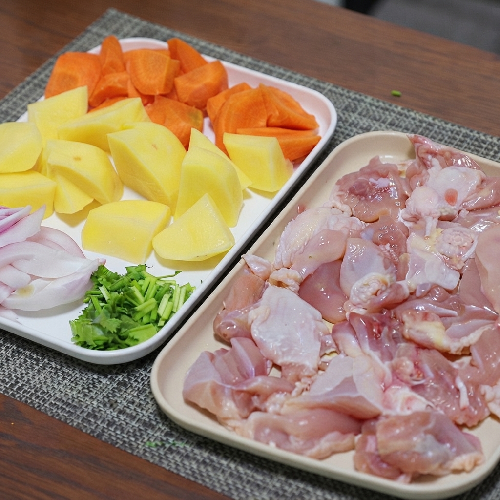 Morceaux de poulet découpés assaisonnés de sel et de poivre noir sur un plateau.