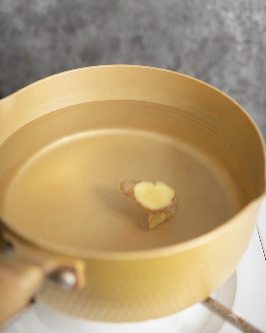 Morceaux de poulet en train dêtre blanchis dans une casserole deau avec des tranches de gingembre.