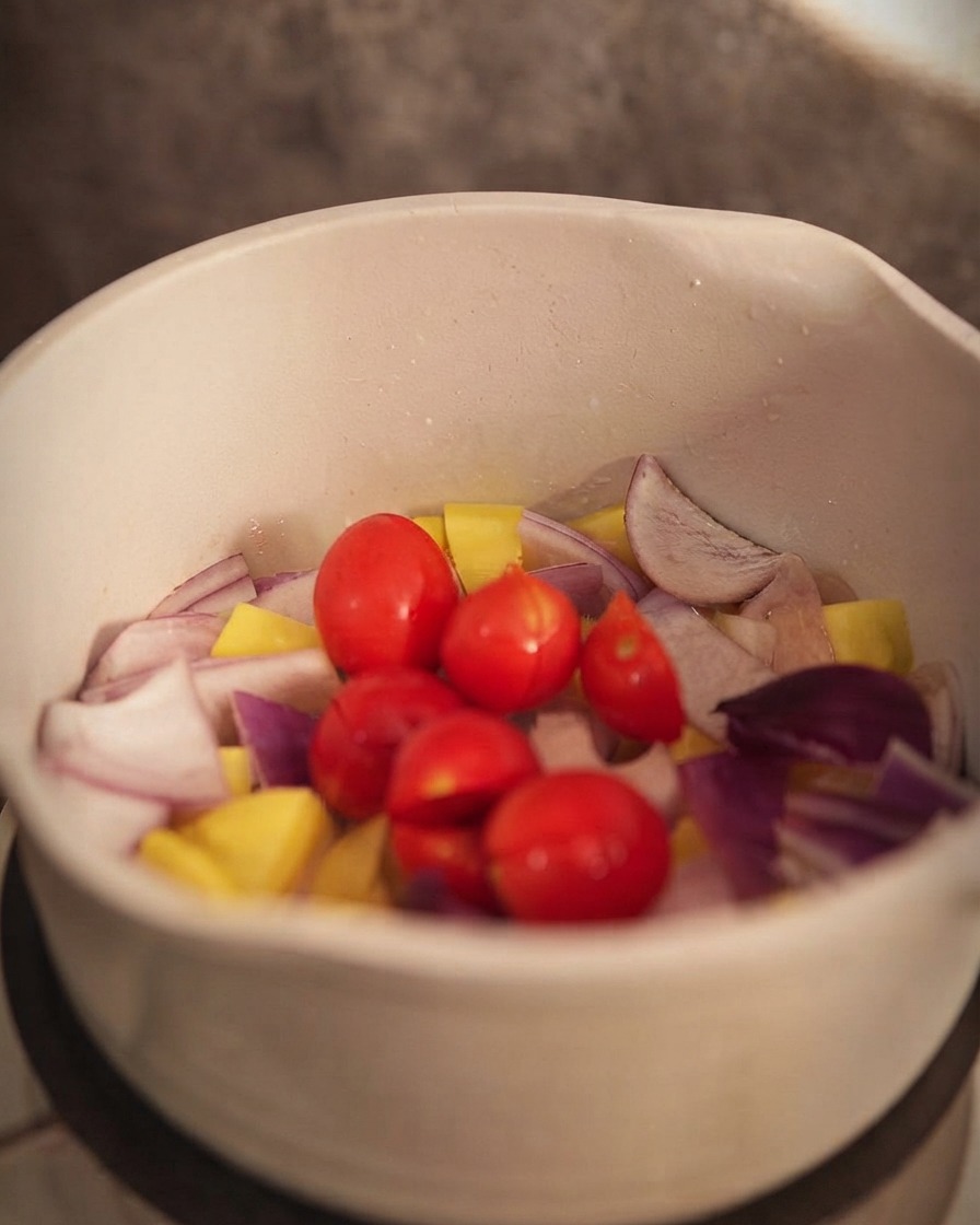 Petites tomates ajoutées dans la casserole avec les pommes de terre et les oignons.