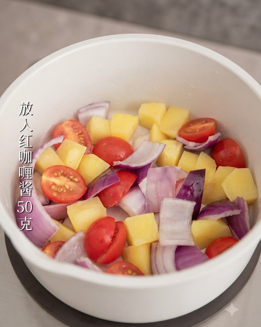Pâte de curry rouge ajoutée au mélange de légumes dans la casserole.