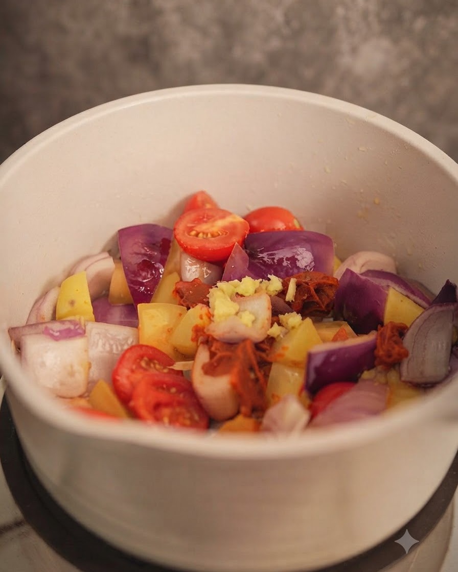 Gingembre haché en train dêtre mélangé au curry et au mélange de légumes.