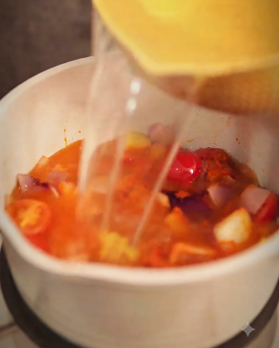 Bouillon de poulet versé dans la casserole avec le mélange de curry et de légumes.