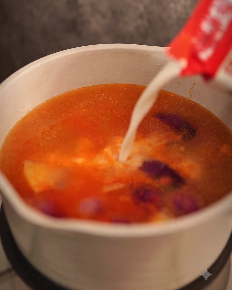 Lait de coco épais versé à partir dun carton dans une casserole de bouillon de curry rouge frémissant.