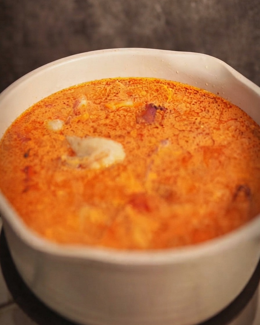 Morceaux de poulet préalablement blanchis rajoutés dans la casserole de soupe au curry rouge bouillonnante.