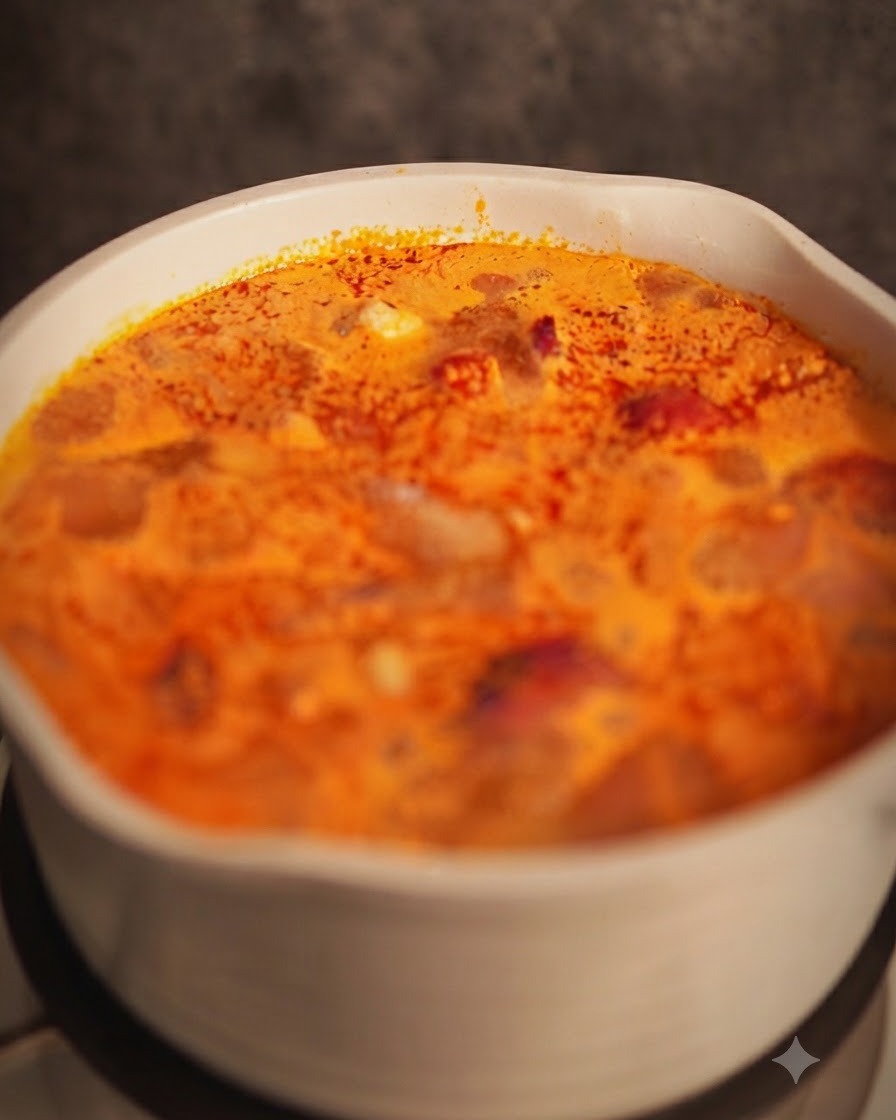 Ciboules émincées incorporées dans une casserole de soupe au curry rouge aromatique.