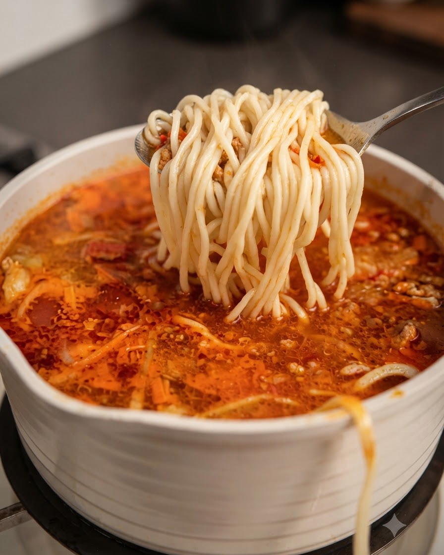 Une louche soulevant une portion de nouilles cuites au-dessus dune casserole remplie de soupe de nouilles.