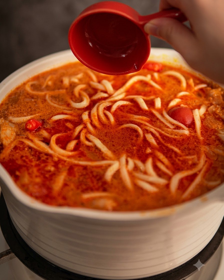 Une tasse à mesurer rouge utilisée pour finir la soupe de nouilles garnie de citron vert et de poivre.