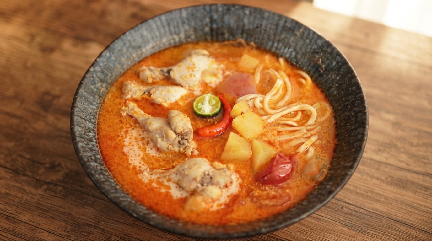 Soupe de Nouilles au Poulet et Pommes de Terre au Curry Rouge Thaï