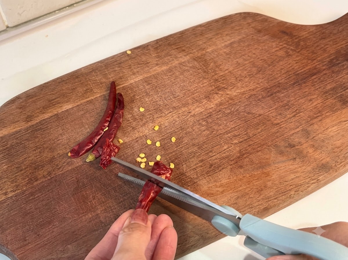 Piments séchés coupés en morceaux à laide de ciseaux de cuisine sur une planche en bois.