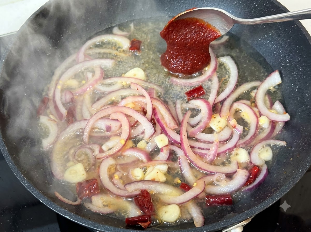 Une cuillère de pâte de piment coréenne ajoutée au liquide de la poêle en train de mijoter avec les oignons et les épices.
