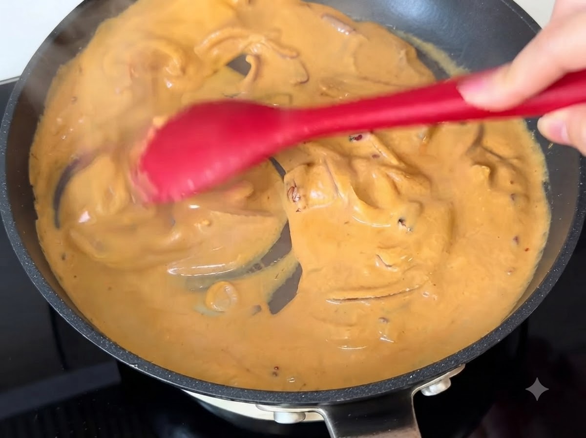 Une spatule rouge remuant une sauce au curry orange crémeuse à lintérieur dune poêle.