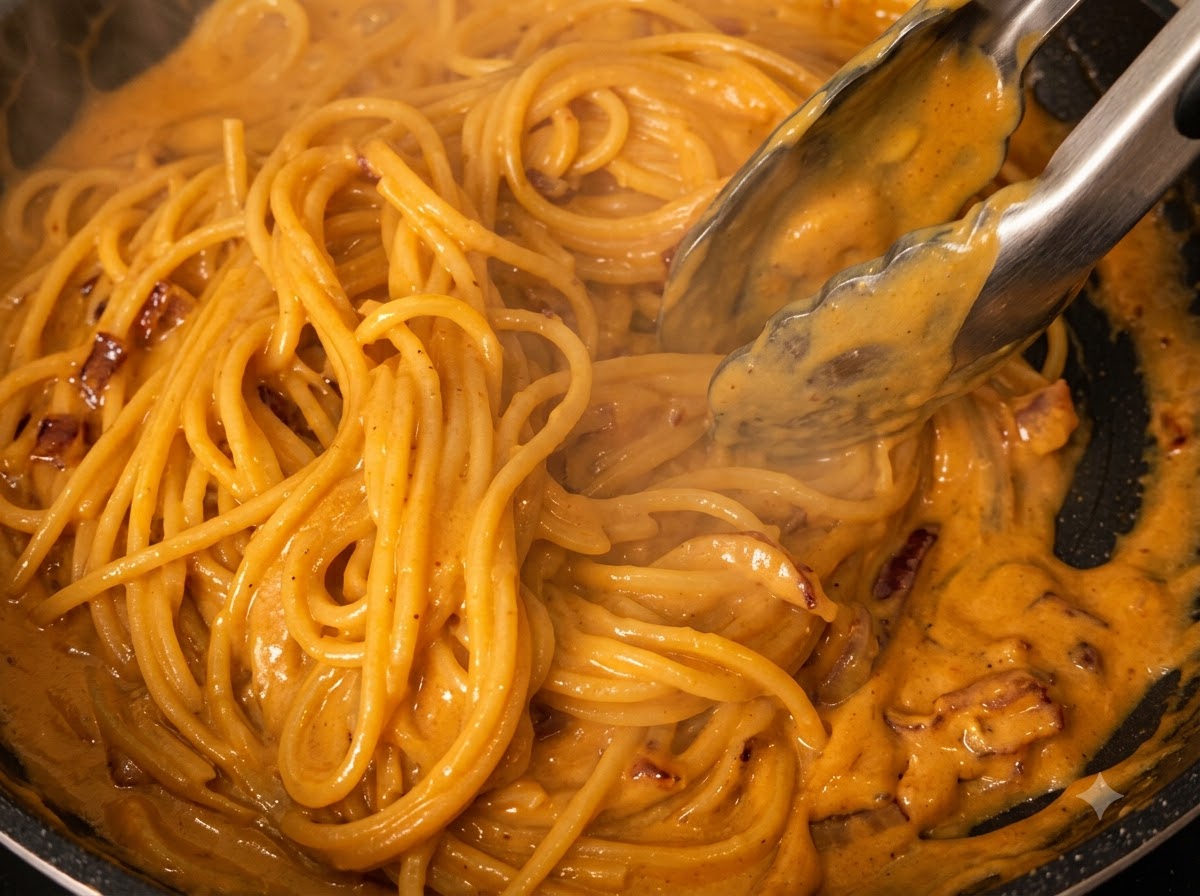 Des spaghettis mélangés dans une riche sauce au curry et à la crème à laide de pinces.