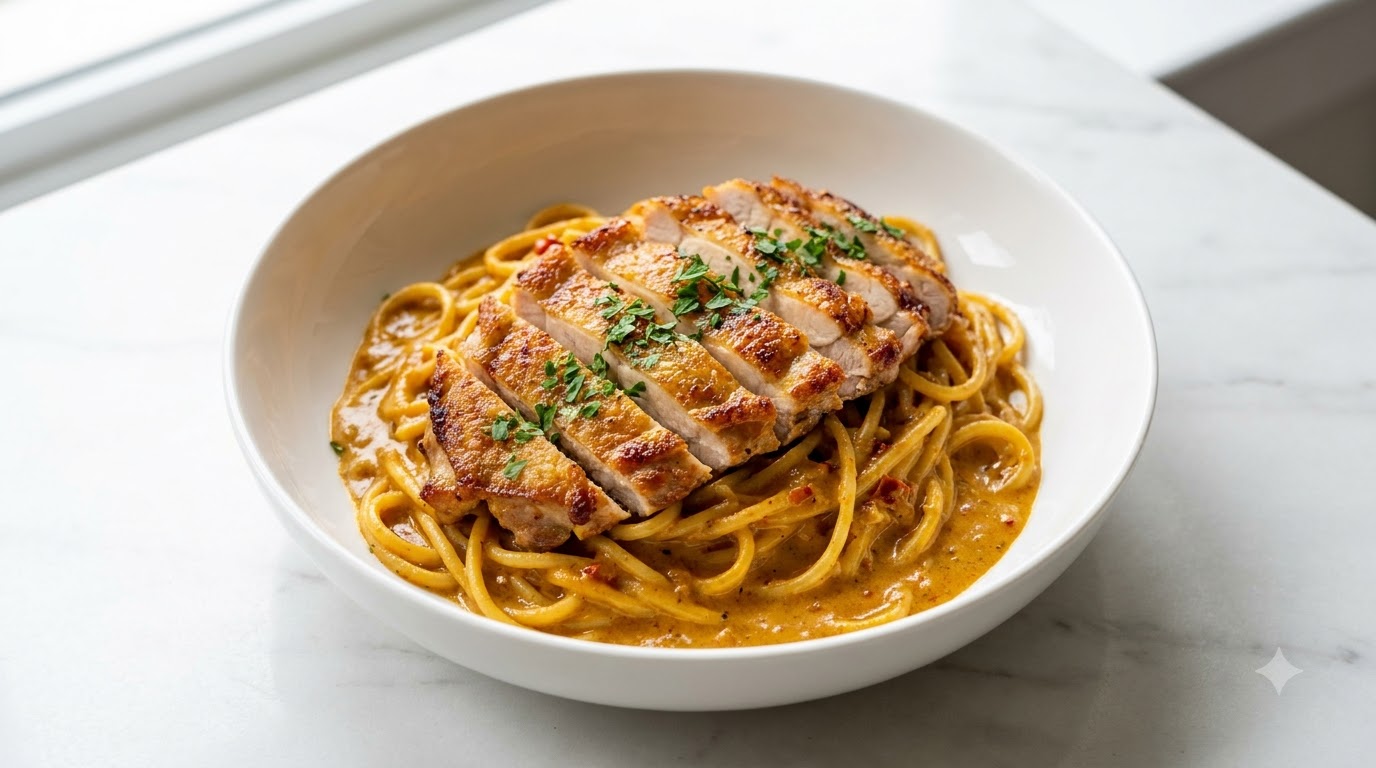 Une assiette de pâtes au curry crémeux et épicé surmontée de tranches de poulet poêlé, garnie de persil séché dans un bol blanc au bord foncé.