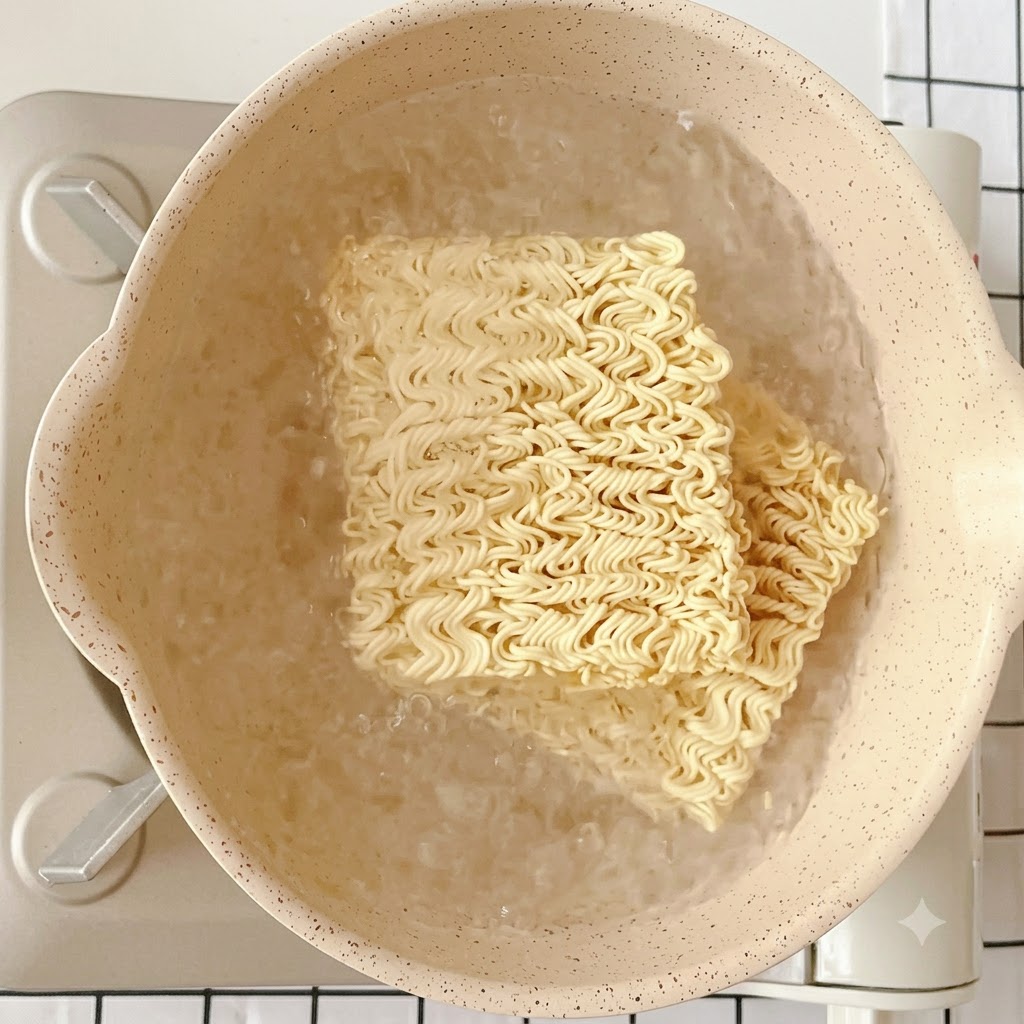 Deux blocs de nouilles instantanées plongés dans une casserole deau bouillante sur le feu.