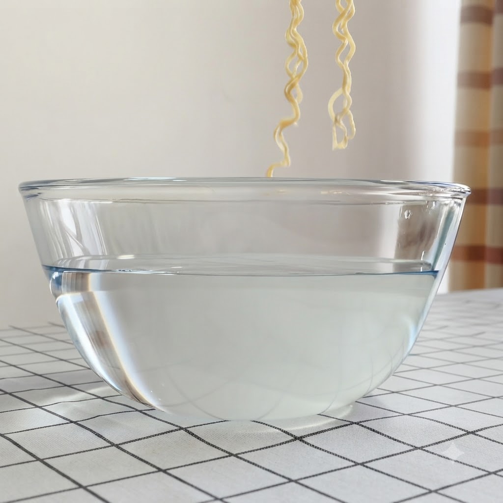Nouilles trempées dans un bol en verre transparent rempli deau froide.
