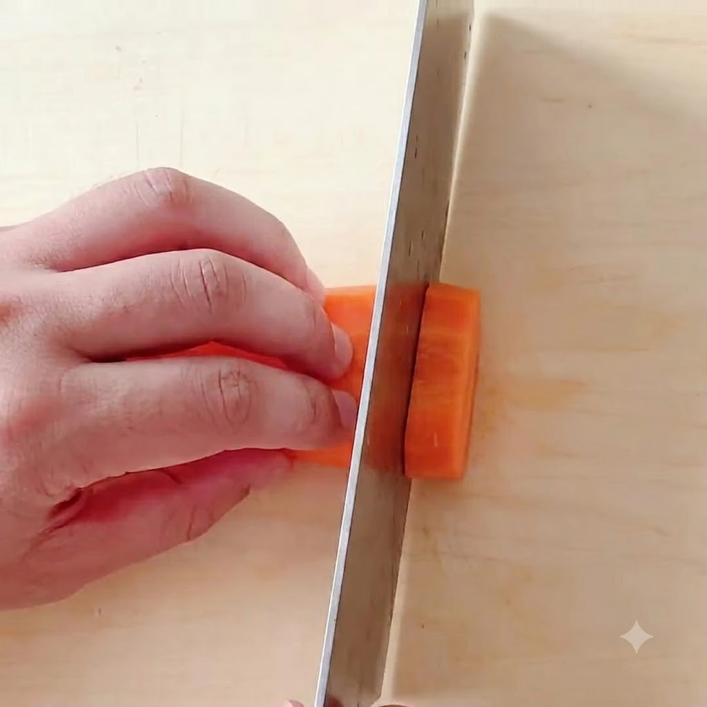 Carottes coupées en petits dés réguliers sur une planche à découper en bois.