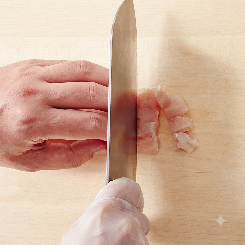 Blancs de poulet découpés en petits morceaux sur une planche à découper en bois.