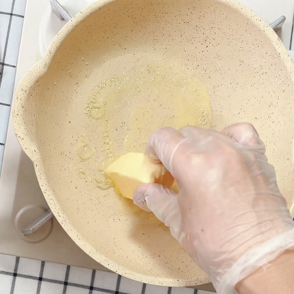 Une noix de beurre jaune en train de fondre dans une poêle en céramique antiadhésive.