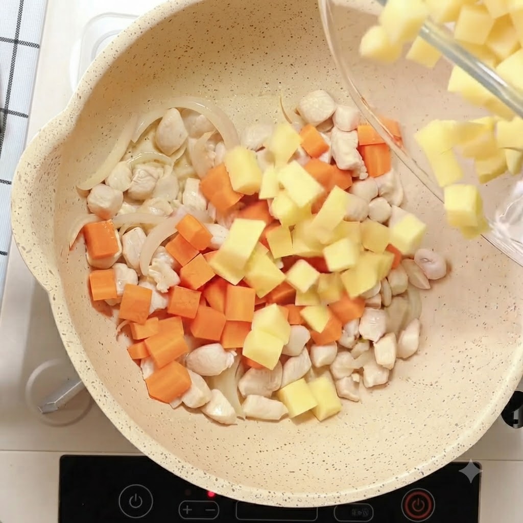 Dés de pommes de terre jaunes versés dans la poêle avec le poulet, les carottes et les oignons.