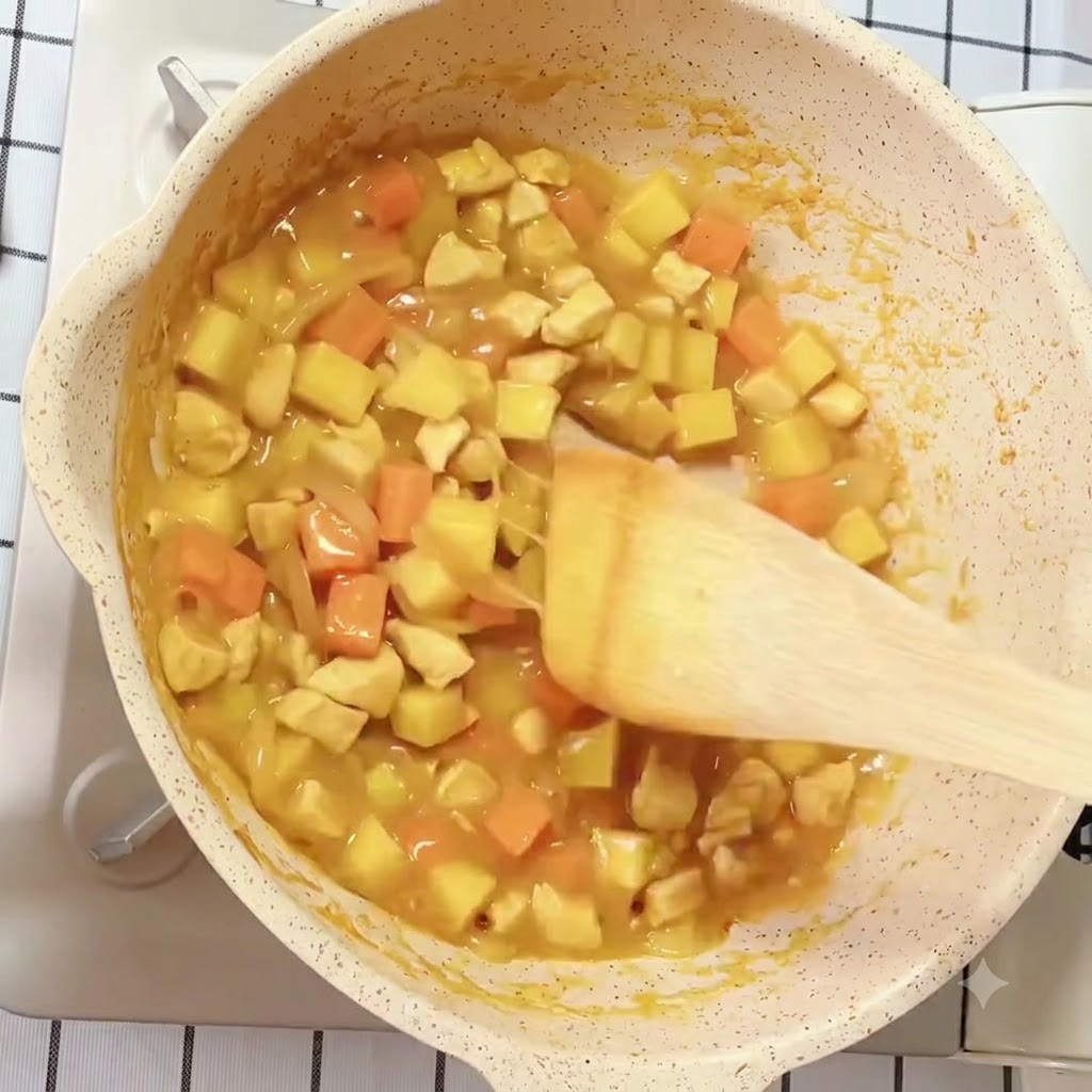Sauce curry avec pommes de terre, carottes et poulet qui mijote et réduit dans une poêle.
