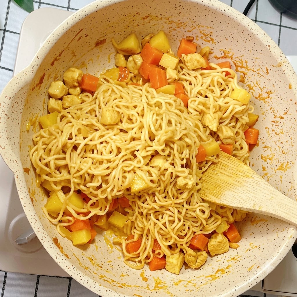 Nouilles instantanées et ingrédients du curry mélangés et sautés uniformément dans une poêle.