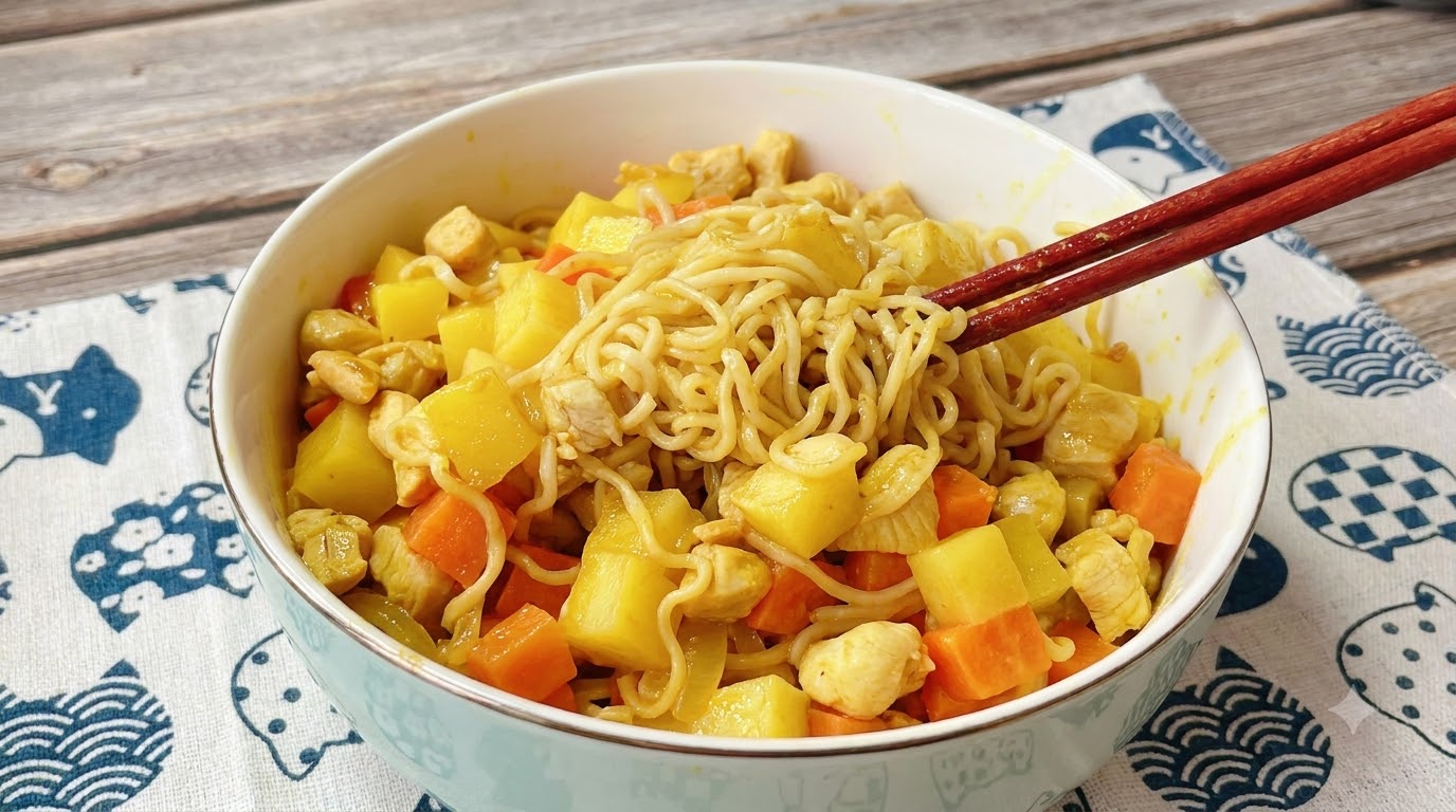 Nouilles sautées au poulet et curry rapide