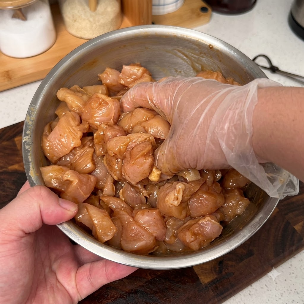 Morceaux de poulet cru dans un bol mélangeur en métal enrobés dassaisonnements à la main.
