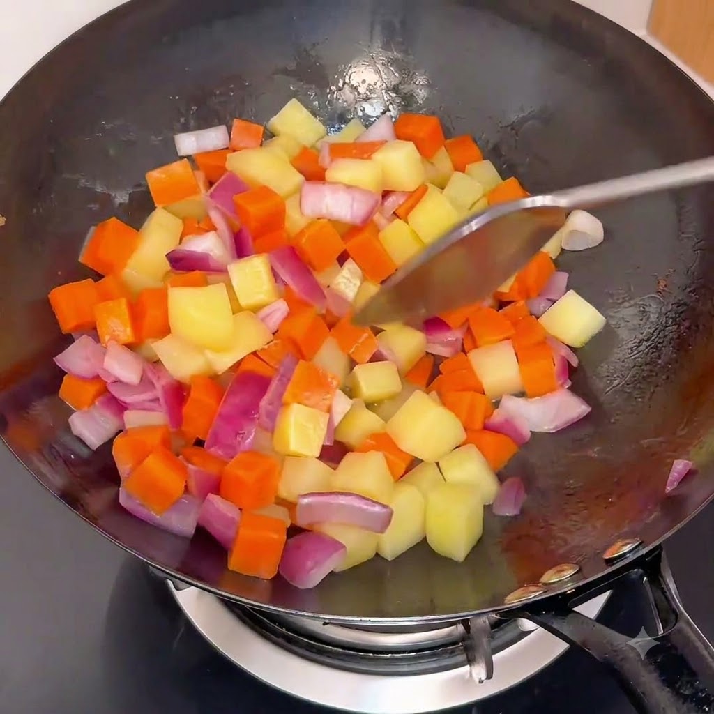 Pommes de terre et carottes coupées en cubes mélangées aux oignons dans un wok chaud.