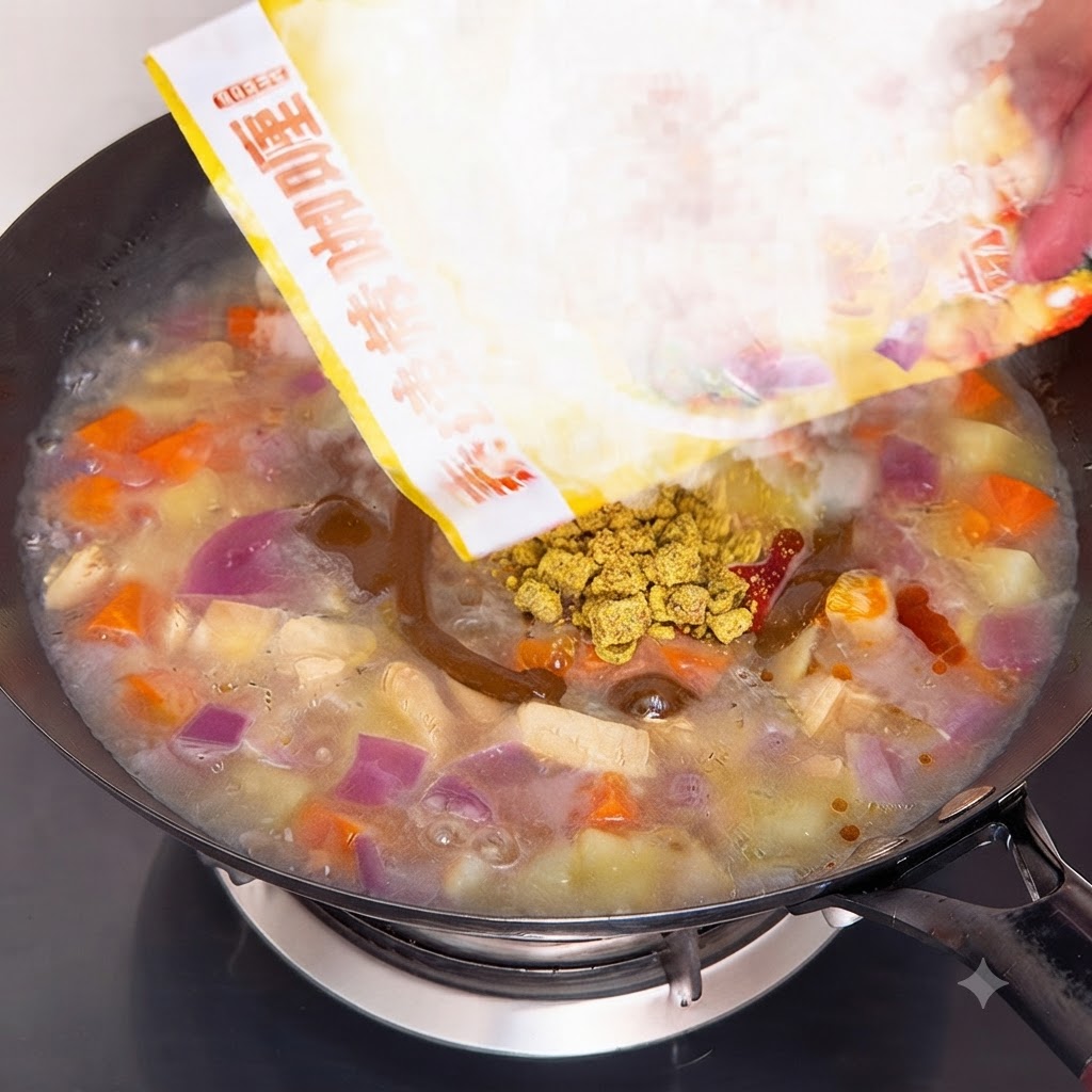 Cubes de curry ajoutés dans la casserole de poulet, de pommes de terre et de carottes mijotant avec de leau bouillante.