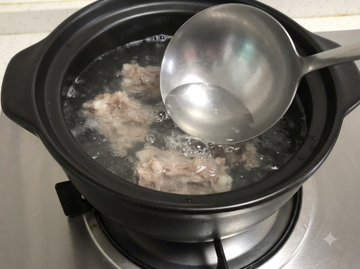 Une louche retirant la mousse grise dos de porc bouillants dans un pot en terre cuite.
