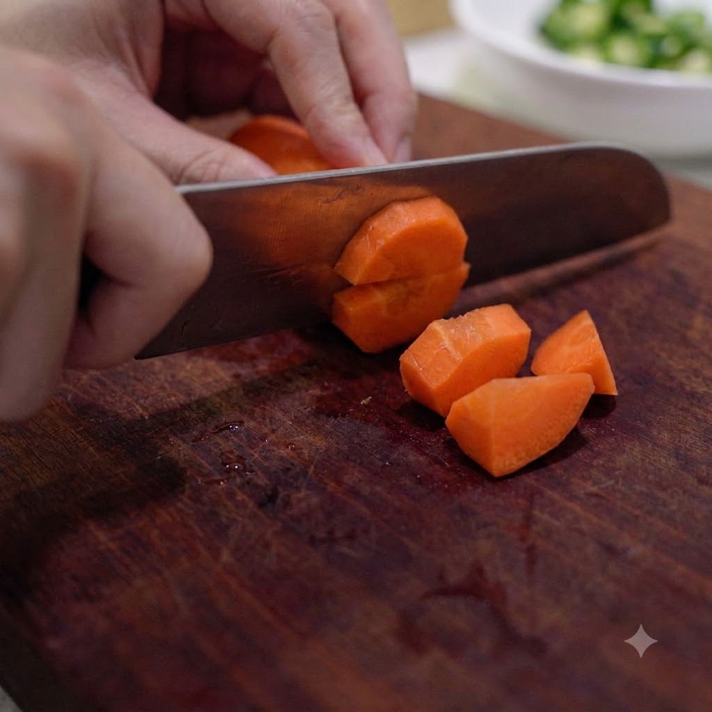 Une carotte fraîche coupée en petits morceaux sur une planche à découper en bois à laide dun couteau de cuisine.