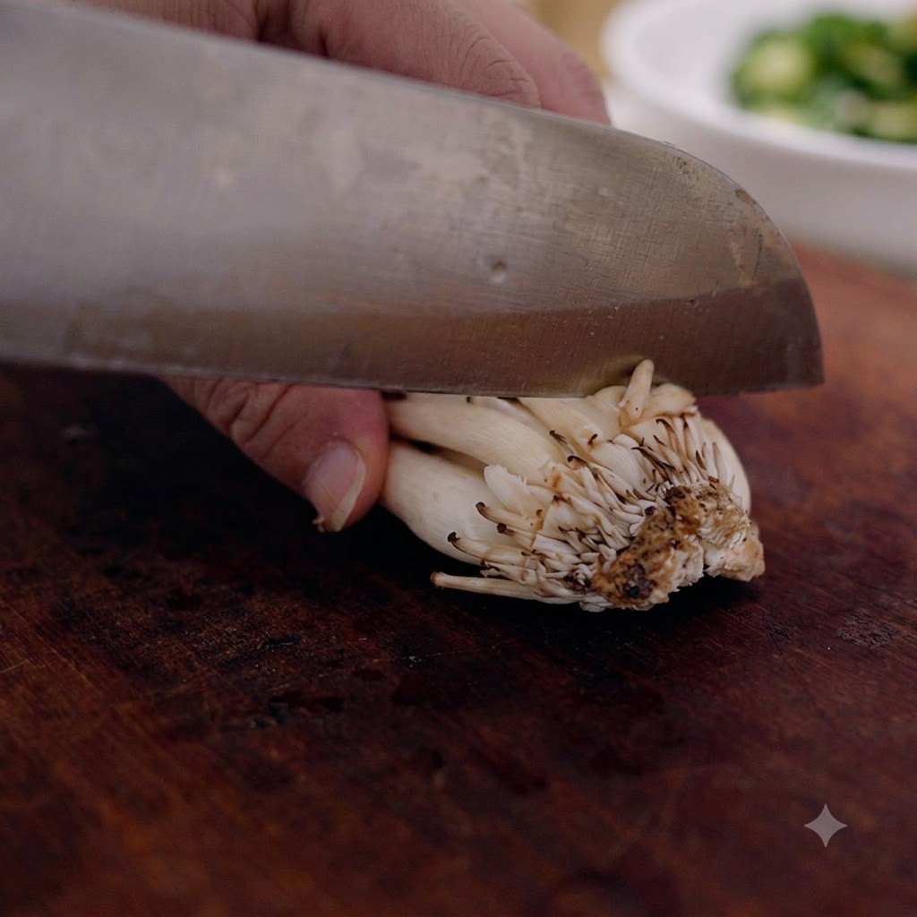 Champignons shimeji dont on pare la base sur une planche à découper en bois.