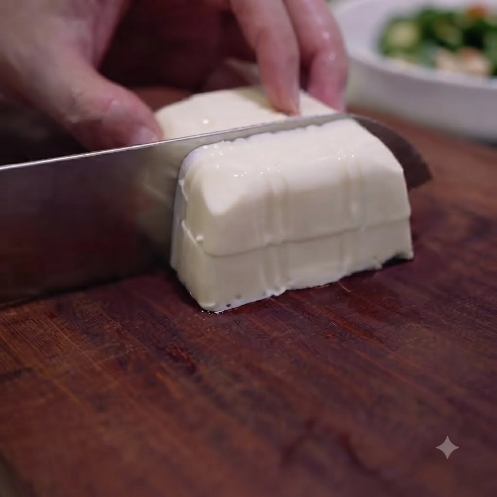 Un bloc de tofu blanc tendre découpé en petits cubes sur une planche à découper en bois.