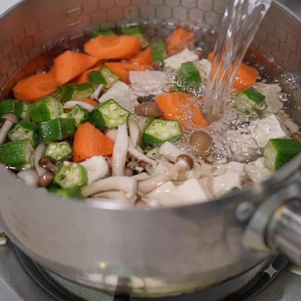 Eau bouillante versée dune bouilloire dans une casserole remplie de légumes coupés et de tofu sur une cuisinière.