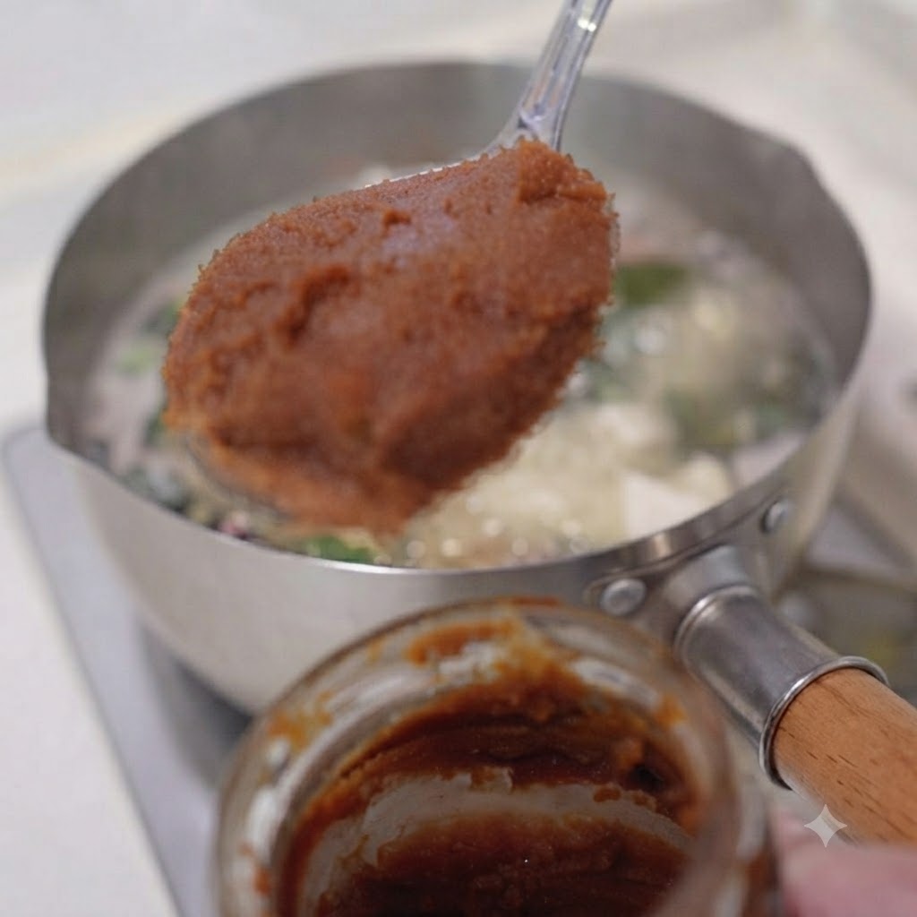 Une cuillerée de pâte de miso brune soulevée au-dessus dun pot avec la casserole de soupe frémissante en arrière-plan.